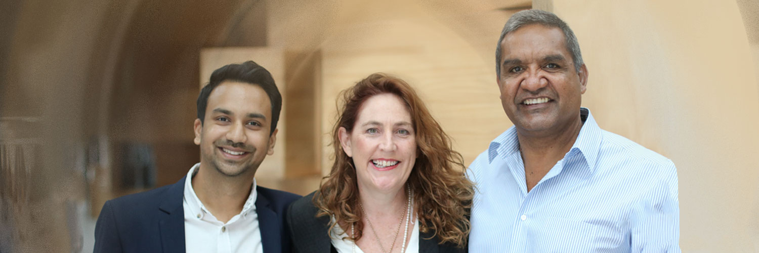 Arjun Bisen (left), with Assoc Prof Bronwen Dalton of UTS Business School and 2015 Fulbright scholar Dean Jarrett